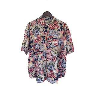 Kathie Lee Vintage Blouse Size 24 Multicolored Short Sleeve Floral Print Buttons